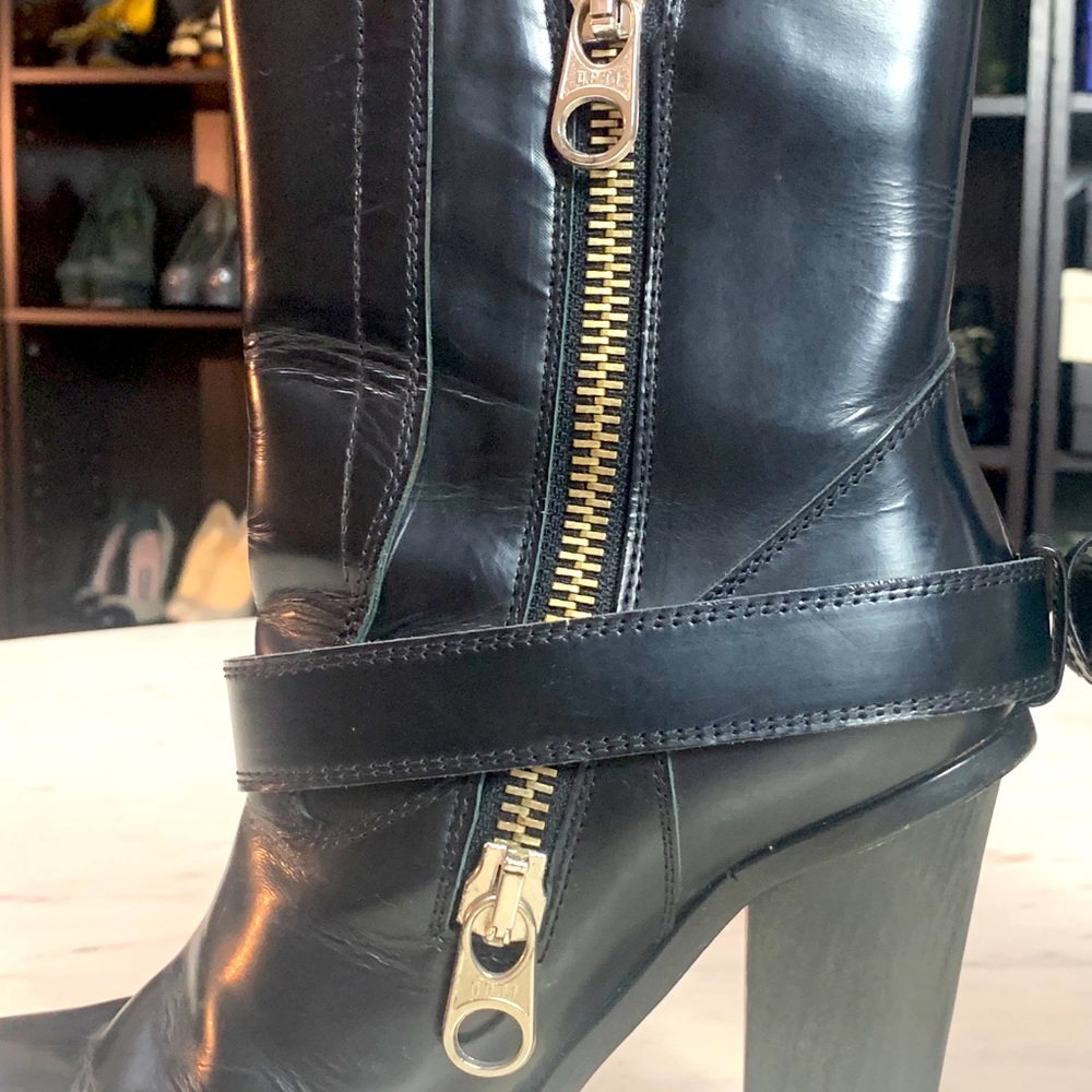 Chloe Black Leather Heeled Ankle Boots with Buckle Strap - Picture 6 of 9